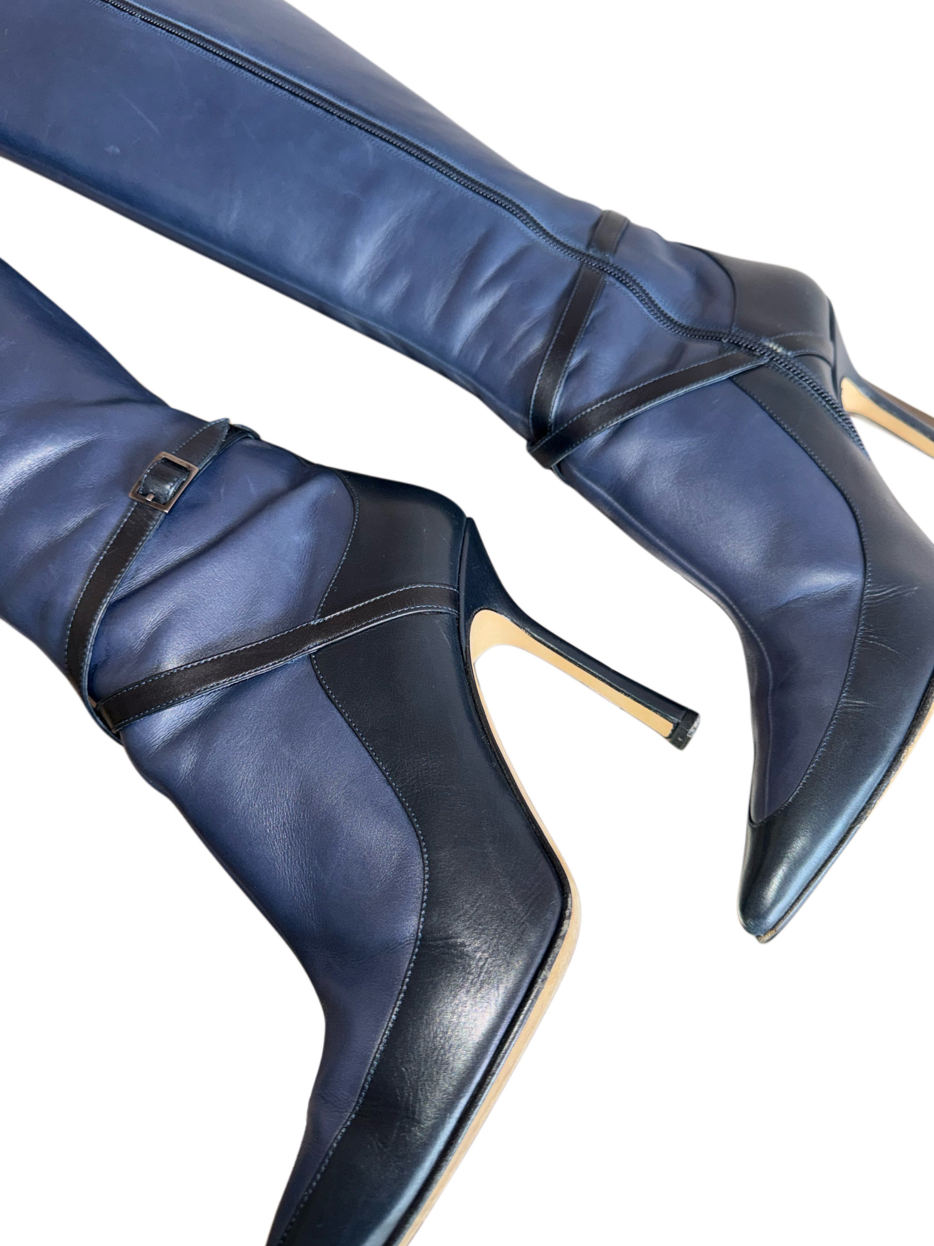 Jimmy Choo Navy Blue/Black Leather Knee Length Boots