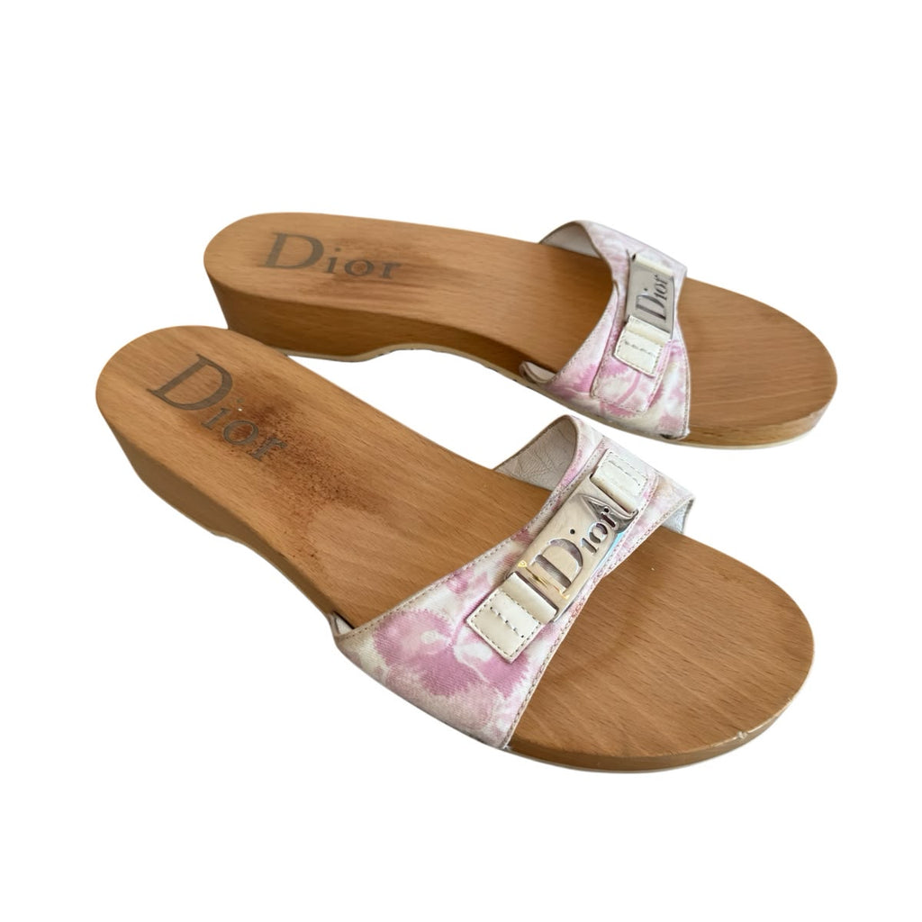 Christian Dior Trotter Canvas Wooden Clog Slides with Dior Logo Plaque