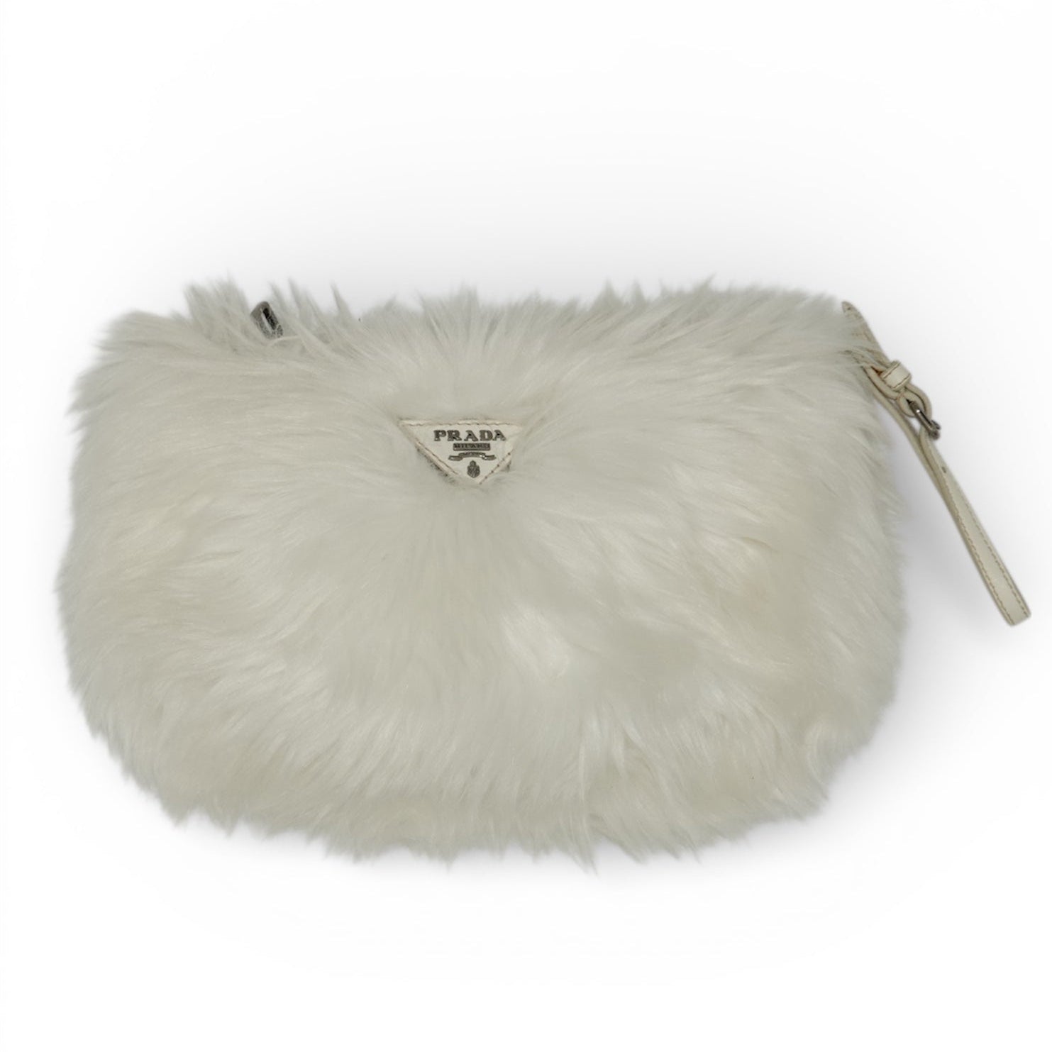 Prada A White Faux Fur Wristlet Clutch Bag