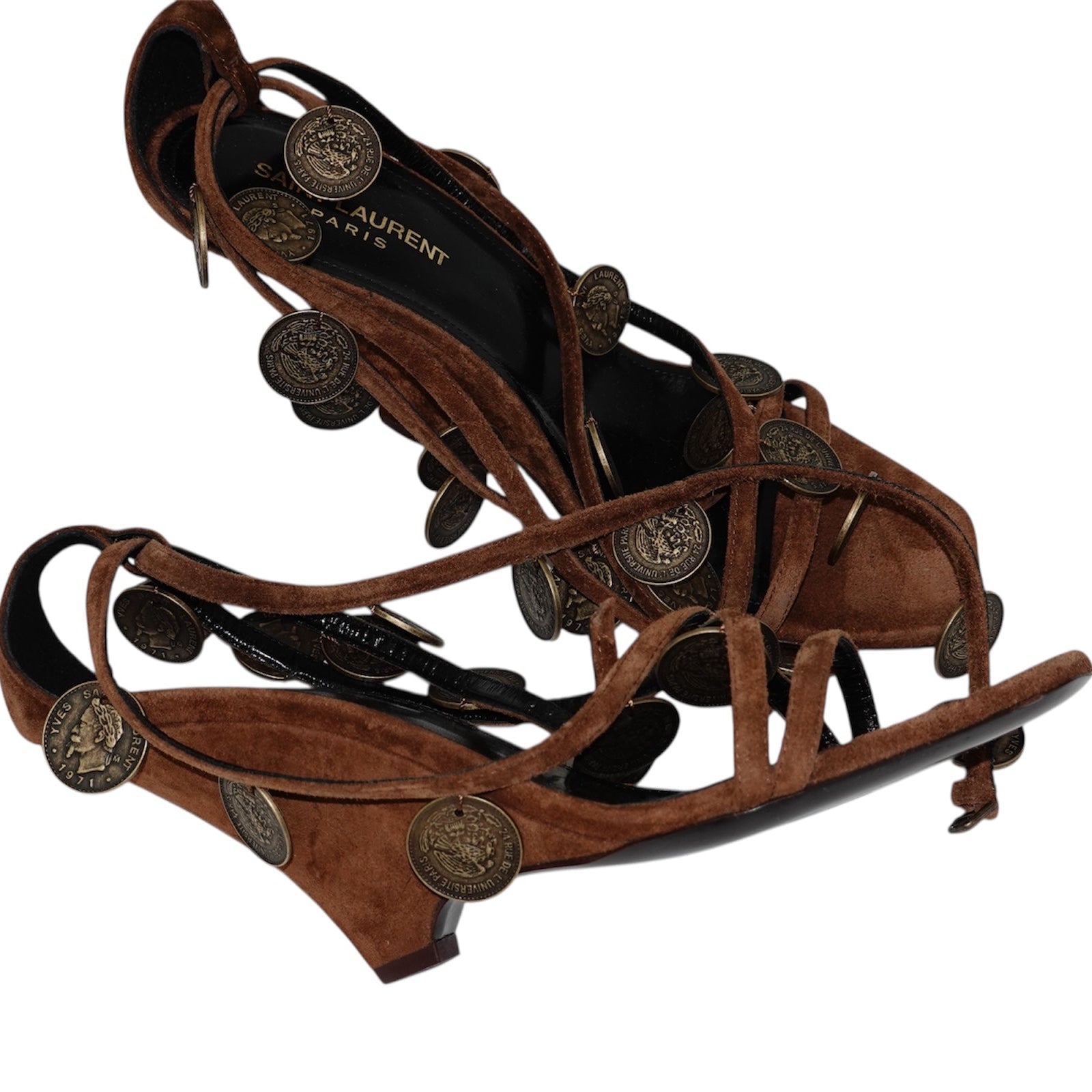 Saint Laurent Coin-Embellished Suede Wedge Sandals
