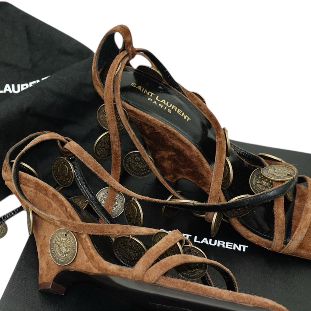 Saint Laurent Coin-Embellished Suede Wedge Sandals
