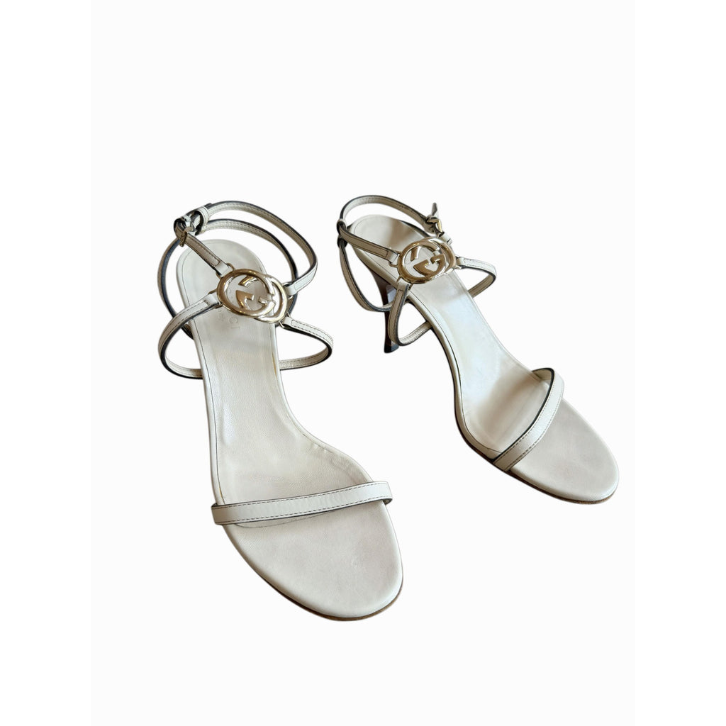 Gucci GG Leather Strappy Heeled Sandals in White